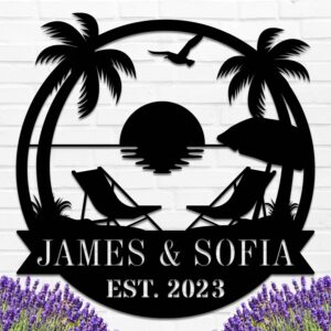 Personalized Beach Metal Monogram Sign, Custom Palm Trees Metal Name Sign, Outdoor Metal Family Name Sign